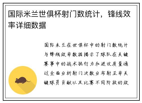 国际米兰世俱杯射门数统计，锋线效率详细数据