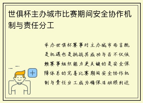 世俱杯主办城市比赛期间安全协作机制与责任分工